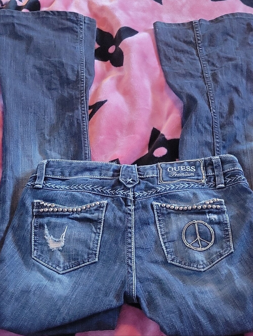 Vintage Guess Y2k Flared Rhinestone Peace Sign Jeans